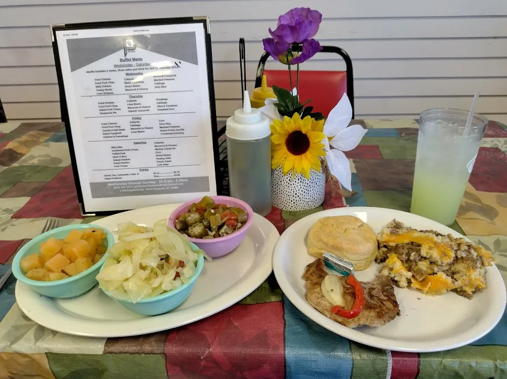 Buffet Items I Chose Rutabagas Cabbage Okra & Tomatoes Baked Porkchop Large Biscuit Shepherd's Pie