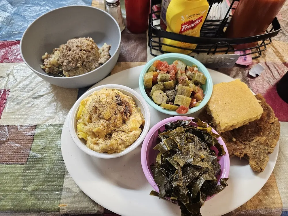 Shepherds Pie Fried Pork Chop Collard Greens Squash Casserole Okra and Tomatoes Corn Bread